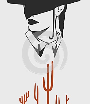 Hand drawn abstract vector graphic clipart illustration boho cowgirl in hat portrait.Western female design concept