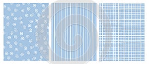 Hand Drawn Abstract Vector Patterns. White and Blue Infantile Design. Stripes and Snow Flakes.