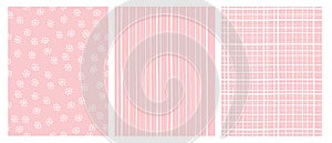 Hand Drawn Abstract Vector Patterns. White and Pink Infantile Design. Stripes and Snow Flakes.