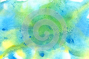 Hand drawn abstract watercolor blue cyan green yellow texture background.