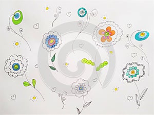 Hand drawn abstract watercolor flowers in white paper