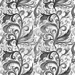 Hand drawn abstract watercolor seamless pattern with black and white floral ornament, curls, wavy lines, doodles on a