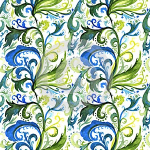 Hand drawn abstract watercolor seamless pattern with lime, blue and green floral ornament, curls, wavy lines, doodles on