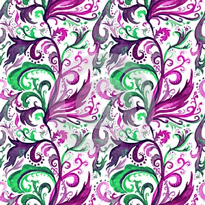 Hand drawn abstract watercolor seamless pattern with pink, purple and green floral ornament, curls, wavy lines, doodles