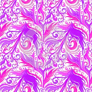 Hand drawn abstract watercolor seamless pattern with pink, violet fantasy floral ornament, wavy lines, doodles, curls on