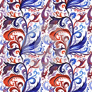 Hand drawn abstract watercolor seamless pattern with red, violet and dark blue floral ornament, curls, wavy lines