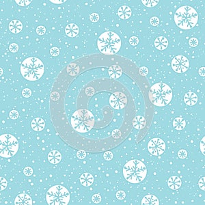 Hand drawn abstract white Christmas snowflakes on ice blue background vector seamless pattern. Winter Holiday Nordic