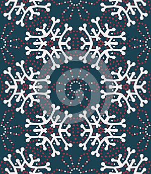Hand drawn abstract winter snowflakes pattern. Stylish crystal stars on greenbackground. Elegant simple holiday all over print.