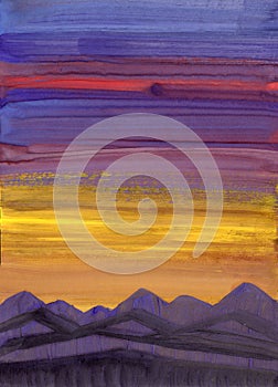 Hand drawn acrylic, oil or gouache painting. Violet, orange, red and yellow sun set sky. Blue and purple mountain silhouette.