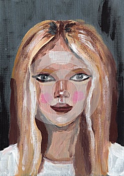 Hand drawn acrylic paint illustration. Young pretty woman. Girl with blonde hair and gray eyes abstract artwork. Beautiful female