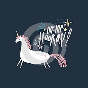 Hand drawn adorable unicorn with lettering text. Holiday cheerful sign. Design elements for social media, poster, t-shirt print,