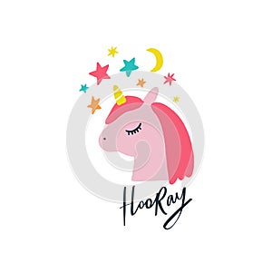 Hand drawn adorable unicorn with lettering text. Holiday cheerful sign. Design elements for social media, poster, t-shirt print,