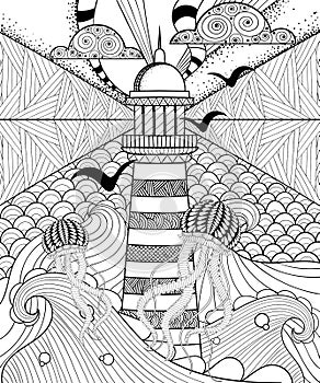 Hand drawn adult coloring page, artistically Sea with ethnic Lighthouse, patterned Jellyfish and ornamental clouds in doodle, zen