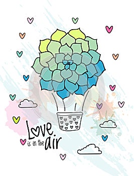 Hand drawn aerostat with succulent flower balloon