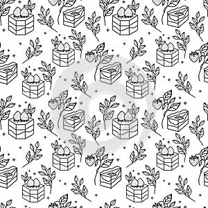 Hand drawn aesthetic cake seamless pattern with floral leaf and strawberry elements