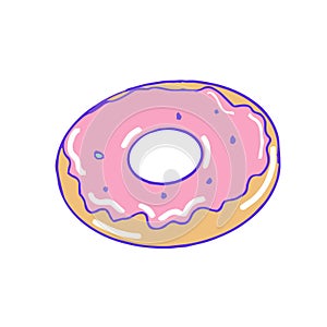 Hand drawn aesthetic cute cartoon doughnut with pink icing