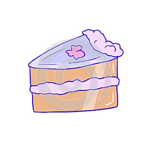 Hand drawn aesthetic cute piece of violet cake with flower