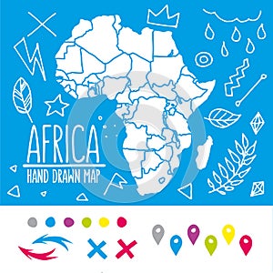 Hand drawn Africa travel map with pins and doodles