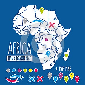 Hand drawn Africa travel map with pins vector