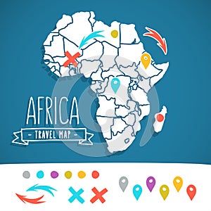 Hand drawn Africa travel map with pins vector