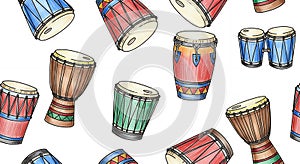 Seamless Pattern of Hand Drawn African Drums Percussion Instruments Background