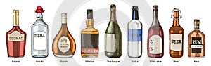 Hand drawn alcohol drinks in bottles