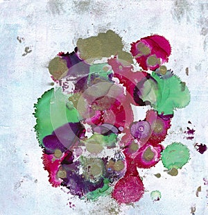 Hand-drawn alcohol ink splashes - green, purple and magenta ink blotches on a white background