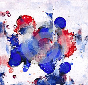 Hand-drawn alcohol ink splashes - red and blue ink blotches on a white background
