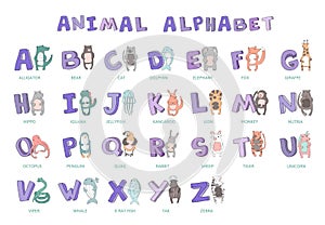 Hand-drawn alphabet, font, letters. Doodle ABC for kids with cute animal characters. Vector illustration, isolated on