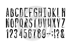Hand Drawn alphabet font. Messy uppercase letters, numbers and symbols.