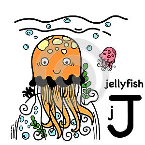 Hand drawn.Alphabet Letter J-jellyfish