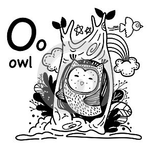 Hand drawn.Alphabet Letter O-owl