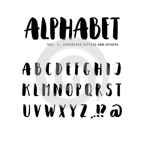 Hand drawn alphabet: Sans serif font. Isolated letters written with marker, ink.