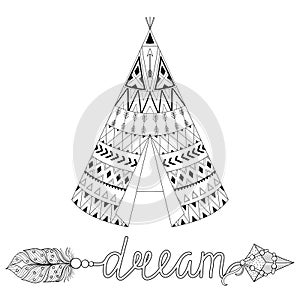 Hand drawn American native wigwam with ethnic ornamental element