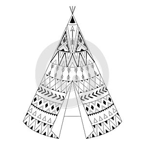 Hand drawn American native wigwam with ethnic ornamental element