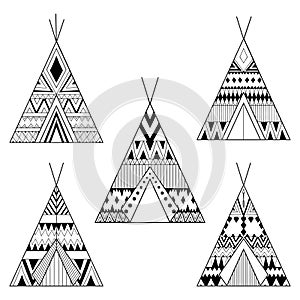 Hand drawn American native wigwams set with ethnic ornamental elements. Teepee boho designs. Monochrome yurt, indian home vector photo