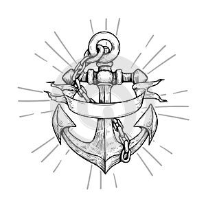 Hand drawn anchor sketch style with blank ribbon. Retro nautical symbol, logo design element.