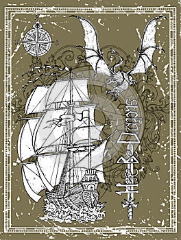 Hand drawn ancient sailing vessel, dragon, sword and compass in frame