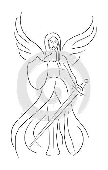 Hand-drawn angel-warrior silhouette, several brush strokes, flat vector illustration