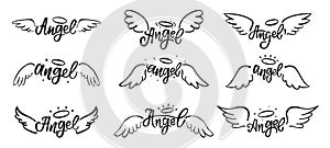 Hand drawn angel wings doodles. Holy angelic wing feathers tattoo with lettering. Magical bird wings with halo outline