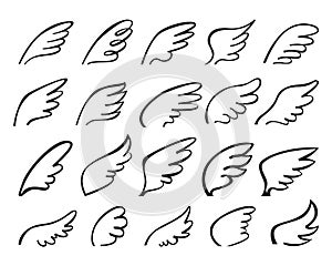 Hand drawn angel wings icon. Stylized winged birds outline logo, flying dove feathers tattoo sketch. Cute angelic wing