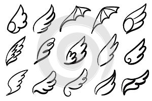 Hand drawn angel wings. Sketch feather bird line wing tattoo, angels winged emblem, freedom vector elements