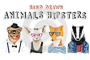 Hand drawn animals hipsters set