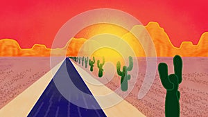 Hand drawn animation pov desert road with cactus in the USA. First person view riding a car across desert in America. 2d