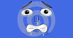 Hand drawn animation of a sad crying face isolated on blue background