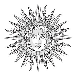 Hand drawn antique style sun with face of the greek and roman god Apollo. Flash tattoo or print design vector illustration