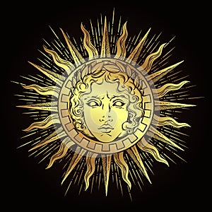 Hand drawn antique style sun with face of the greek and roman god Apollo. Flash tattoo or print design vector illustration