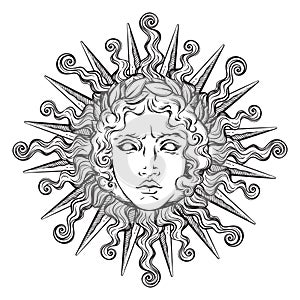 Hand drawn antique style sun with face of the greek and roman god Apollo. Flash tattoo or print design vector illustration photo