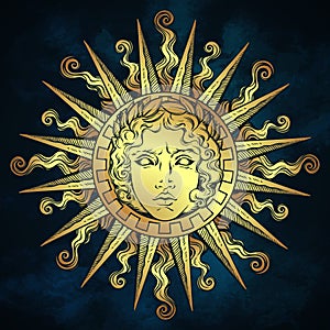 Hand drawn antique style sun with face of the greek and roman god Apollo over blue sky background. Flash tattoo or fabric print de