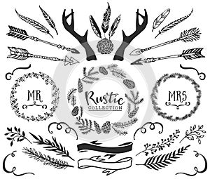 Hand drawn antlers, arrows, feathers, ribbons and wreaths photo
